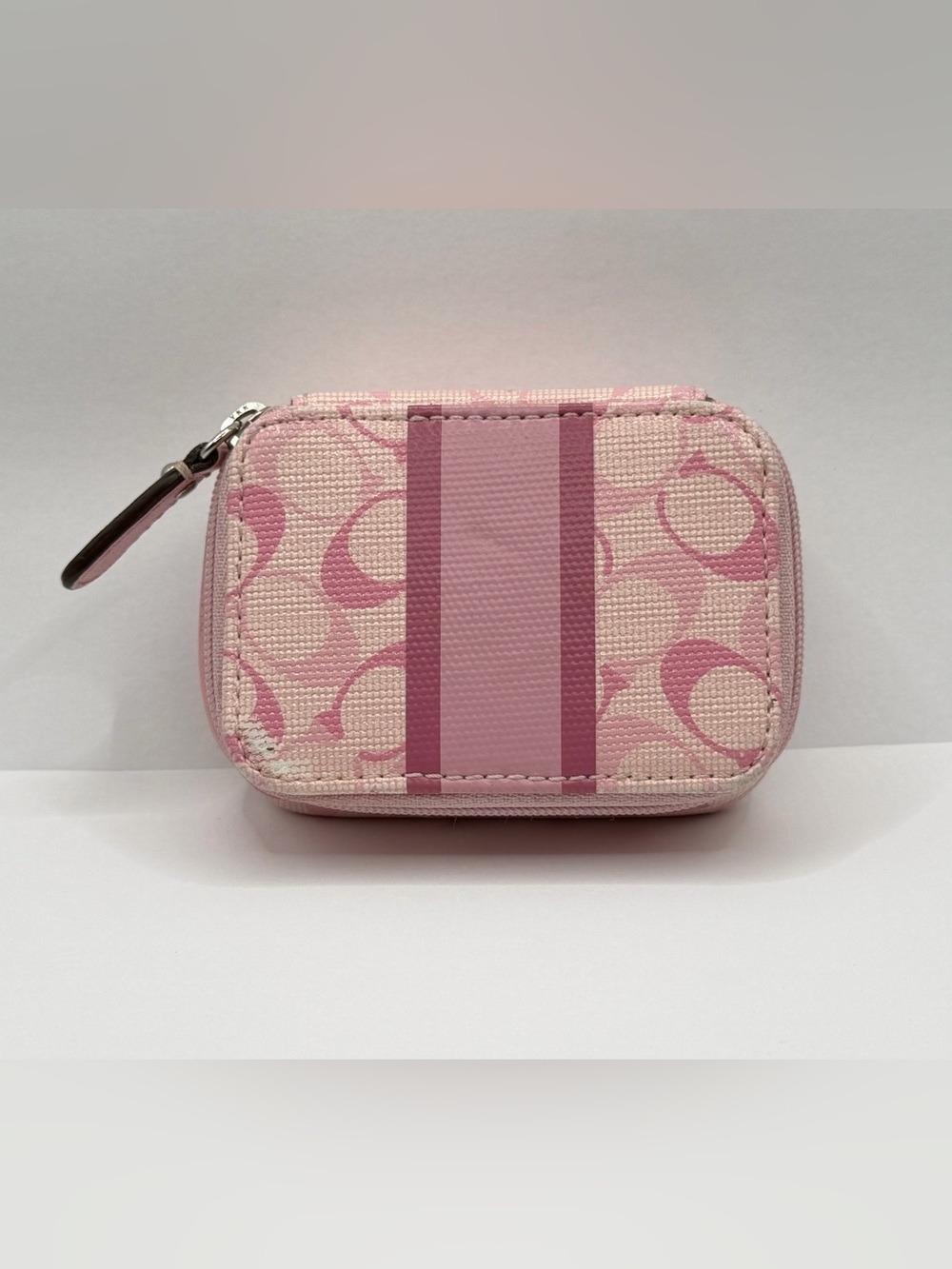 Coach Signature Stripe Triple Pill Case Pink Designer Pouch Good Condition